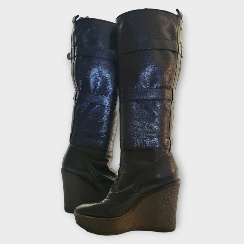 YSL Yves Saint Laurent Tall Black Leather Wedge Boots Vintage 90s Y2K - Picture 8 of 16